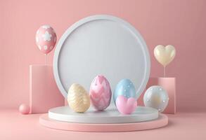 Pasen dag concept. top visie illustratie van wit cirkel kleurrijk Pasen eieren en confetti foto