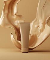 nude-kleurenscène voor cosmetische bb-creme productpresentatie. cosmetische pot met vloeibare plons. 3D render foto