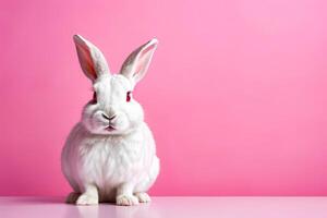 wit konijn met roze achtergrond en rood ogen foto