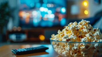 een plastic kom van popcorn en afgelegen controle in de achtergrond de TV werken foto