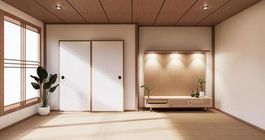 houten kast in moderne lege ruimte en witte muur op witte vloer kamer japanse stijl. 3D-rendering foto