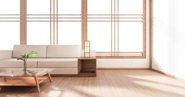 het houten interieur, zen moderne woonkamer Japanse stijl. 3D-rendering