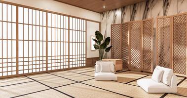 partitie japans op kamer tropisch interieur met tatami mat vloer en ganiet tegels wall.3d rendering foto