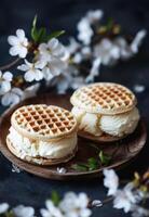 vanille ijs room boterhammen met suikerachtig koekjes Aan een houten bord temidden van bloeiende takken foto