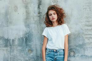 jong vrouw in gewoontjes kleding leunend tegen een beton muur Aan een zonnig dag foto