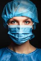 vrouw Gezondheid professioneel in blauw scrubs en chirurgisch masker tegen een donker achtergrond foto