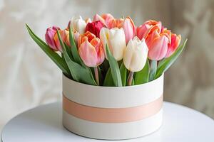 elegant boeket van roze en geel tulpen in een ronde geschenk doos door een venster foto