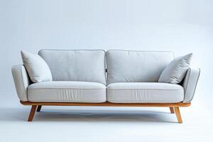 modern licht grijs kleding stof sofa tegen een duidelijk wit achtergrond foto