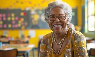 ervaren Afrikaanse Amerikaans opvoeder inspirerend studenten in een klas instelling foto