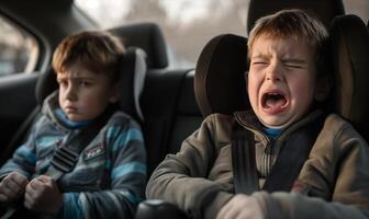 contrasterend emoties nieuwsgierig jongen en huilen broer of zus in auto stoelen gedurende zonsondergang rit foto