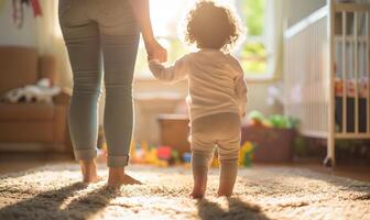 baby's blij eerste stappen met ouders ondersteuning Bij huis foto