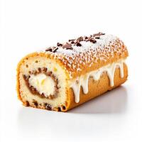 spons taart rollen geïsoleerd Aan wit achtergrond Zwitsers rollen met vanille room gesneden biscuit rollen wi foto