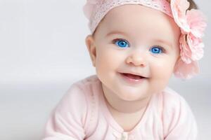 portret van schattig weinig baby meisje met groot blauw ogen Aan wit achtergrond. gelukkig gezond kinderjaren concept. foto