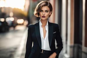 bedrijf vrouw in elegant pak poseren Bij de werkplek. geslaagd gelukkig elegant dame op zoek direct Bij de camera. foto