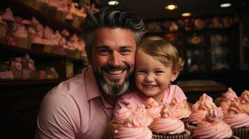 vader en schattig weinig dochter genieten van tijd samen in cafe aan het eten desserts. gelukkig verjaardag feest. gelukkig vader dag foto