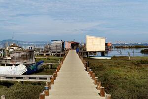 visie van de porto palafita of dok van stelten huizen in carrasqueira, Portugal. sereen en mooi toerist attractie. visvangst dorp. foto