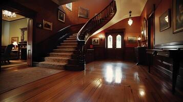 overladen en statig historisch herenhuis hal met vegen trappenhuis en elegant decor foto
