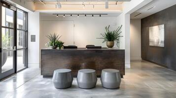 minimalistische en modern ontvangst Oppervlakte met elegant meubilair, lobby inrichting, en natuurlijk elementen in een zakelijke kantoor gebouw foto