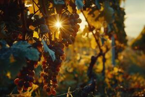 wijngaarden Bij zonsondergang in herfst oogst. rijp druiven in val. foto