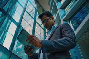 Indisch zakenman gebruik makend van een tablet pc terwijl leunend Aan de muur van een modern kantoor gebouw binnenshuis foto