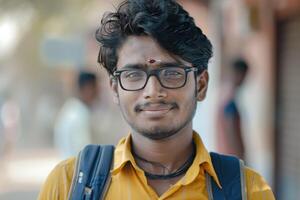 portret van een terloops gekleed glimlachen Indisch jong Mens foto