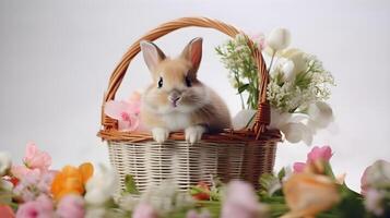 een schattig weinig konijn zittend in mand nest vol van bloemen. Pasen ei concept, voorjaar vakantie foto