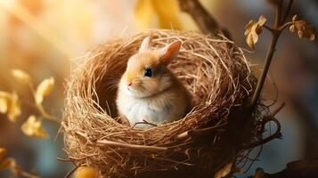 een schattig konijn zittend in mand nest met eieren foto