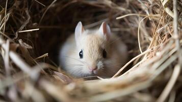 een schattig konijn zittend in mand nest met eieren foto