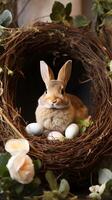 een schattig konijn zittend in mand nest met eieren foto