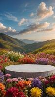 natuurlijk podium achtergrond Aan kleurrijk bloemen veld- met lucht voor Product staan Scherm reclame kunstmatig schoonheid producten of huidsverzorging met leeg ronde stadium foto