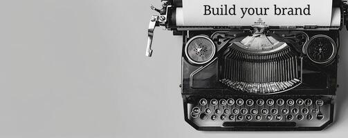 een zwart en wit foto van de tekst bouwen uw merk geschreven Aan papier met een oud schrijfmachine