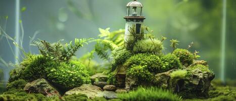 de miniatuur thema van oud licht huis is gedekt met groen mos en straatstenen binnen van terrarium glas foto