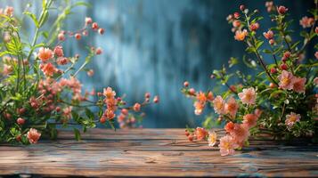 houten tafel gedekt met roze bloemen foto