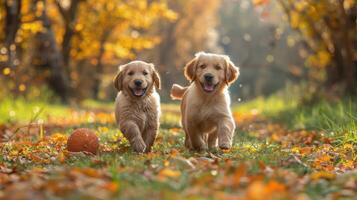 groep van puppy's zittend Aan top van een bankstel foto