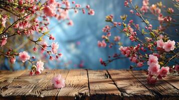 houten tafel gedekt met overvloedig bloemen foto