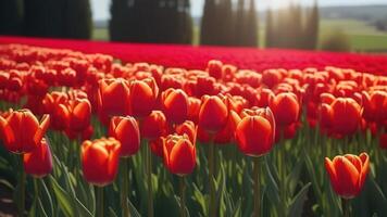 rood tulpen bloeiend bloemen veld- zonnig dag gark boerderij tuin Holland platteland landschap horizon foto