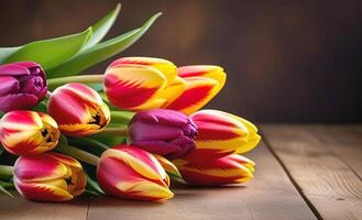 voorjaar bloemen tulpen banier kopiëren ruimte Aan houten achtergrond tafel roze rood geel boeket aan het liegen foto