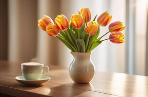 wit en licht roze rood geel tulpen boeket in vaas glas met mok kop van koffie latte cappuccino zon licht venster modern interieur bokeh voorjaar foto