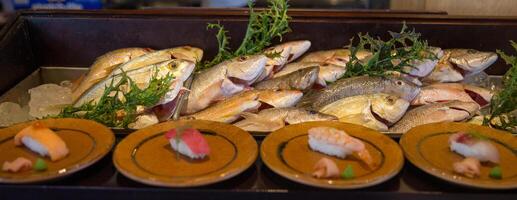 sushi weergegeven met vers vis foto