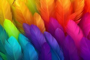 regenboog kleurrijk pluizig ara veren achtergrond, veren achtergrond, kleurrijk veren behang, ara vogel veren patroon, foto