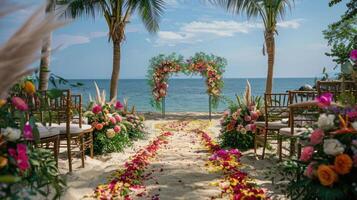 de backdrop voor een open lucht bruiloft Aan de strand gevulde met mooi bloemen decoraties en ornamenten ai genereren foto