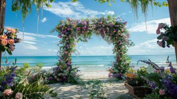 de backdrop voor een open lucht bruiloft Aan de strand gevulde met mooi bloemen decoraties en ornamenten ai genereren foto