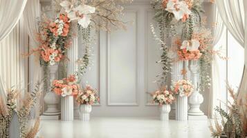 bruiloft stadium decoratie achtergrond binnen de gebouw met elegant en mooi bloem decoraties foto