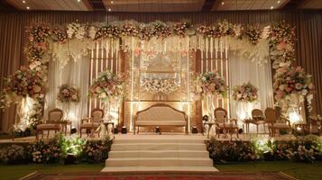 bruiloft stadium decoratie achtergrond binnen de gebouw met elegant en mooi bloem decoraties foto