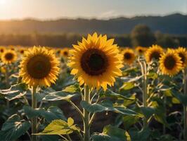 zonnebloem veld- Bij zonsondergang. zonnebloemen zijn bloeiend in de veld. foto