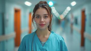 vrouw verpleegster in scrubs Holding klembord in ziekenhuis gang foto