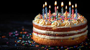 verjaardag taart met lit kaarsen en hagelslag foto