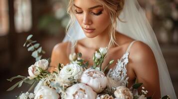 vrouw Holding een boeket van wit bloemen foto