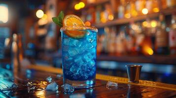 blauw cocktail met bloem Aan rand foto