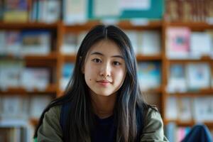 ai gegenereerd Aziatisch vrouw in hoog school- foto